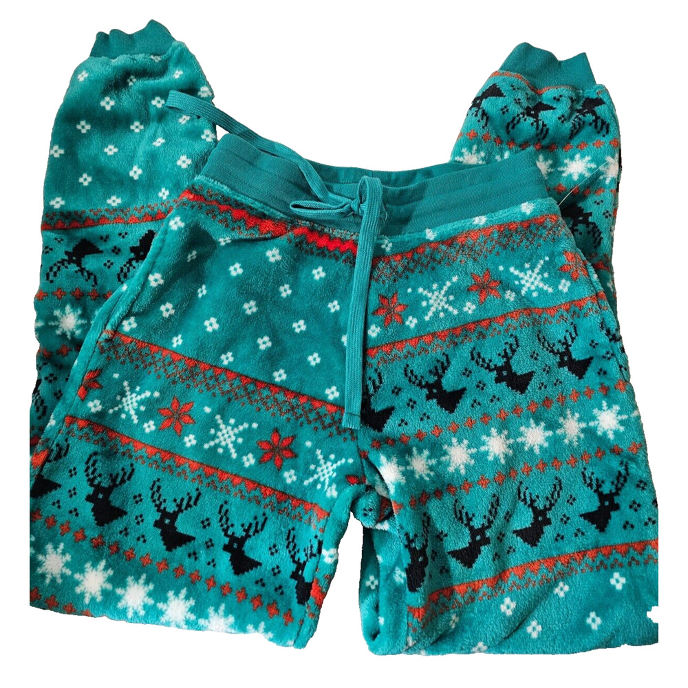 JEM Holiday Sweater Womens Christmas Jogger Pants Green Fair Isle Fleece Small